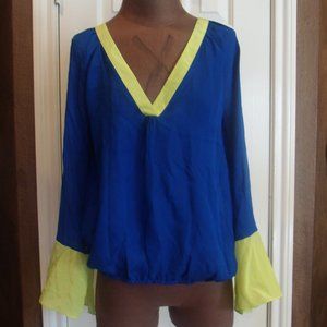 Madison Marcus Blue/Yellow Silk V-Neck Top